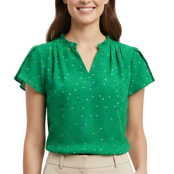 41 Hawthorn Tiffiny Tulip Sleeve Blouse V-Neck Green Polka Dot Top NWT XS Petite - Picture 1 of 8